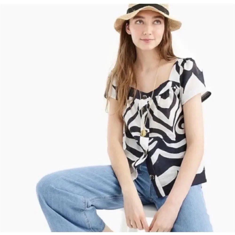 ✨J.Crew Point Sur Ratti Wave Navy Blue White Button Front Poplin Sz XS Top✨